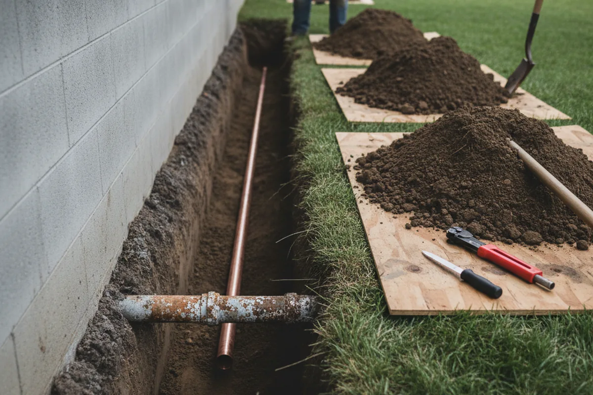 Excavated water line trench during Sewer Line Repair in Amarillo